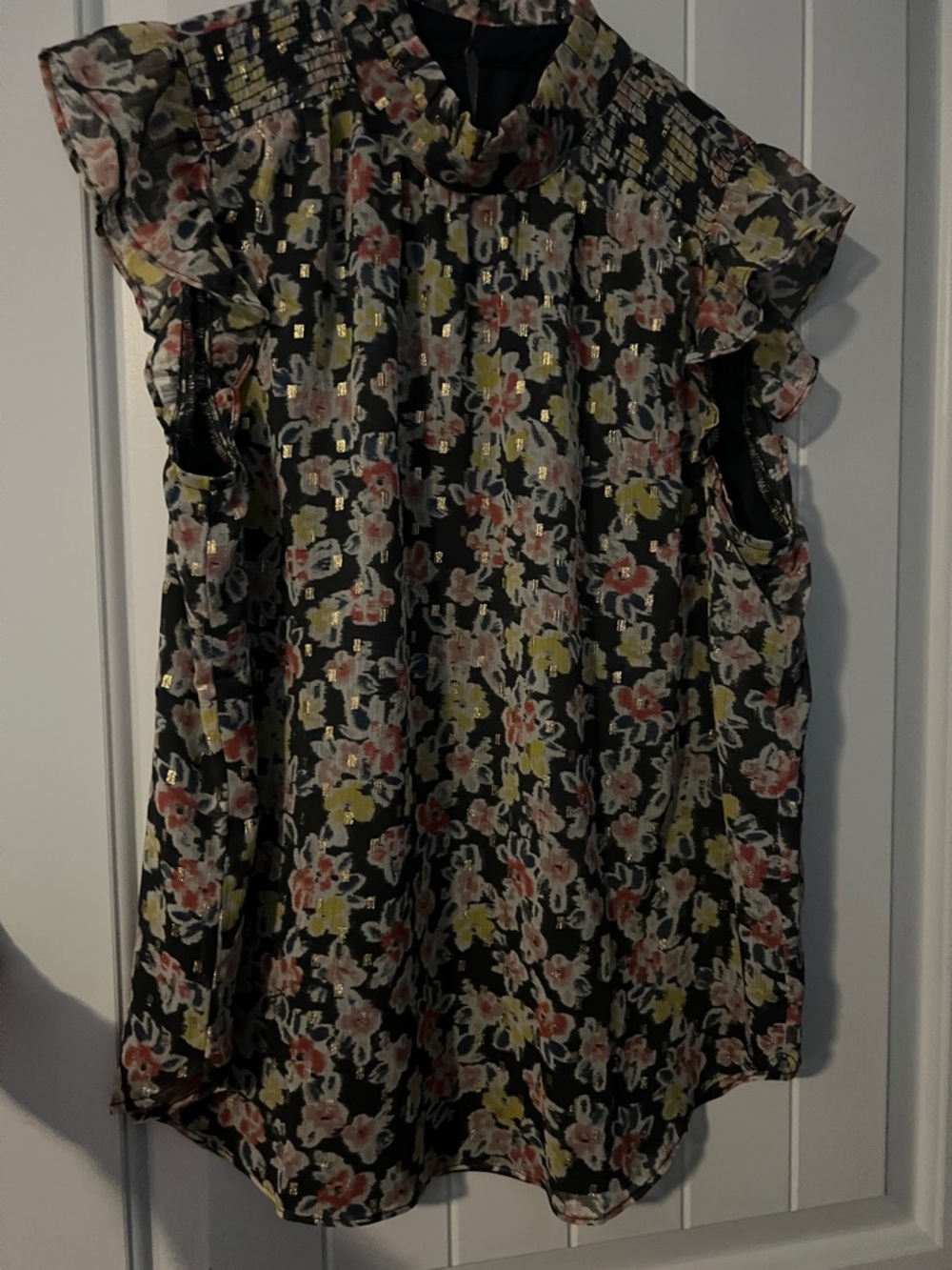 LOFT Black Floral Ruffle-Sleeve Blouse with Metallic Accents